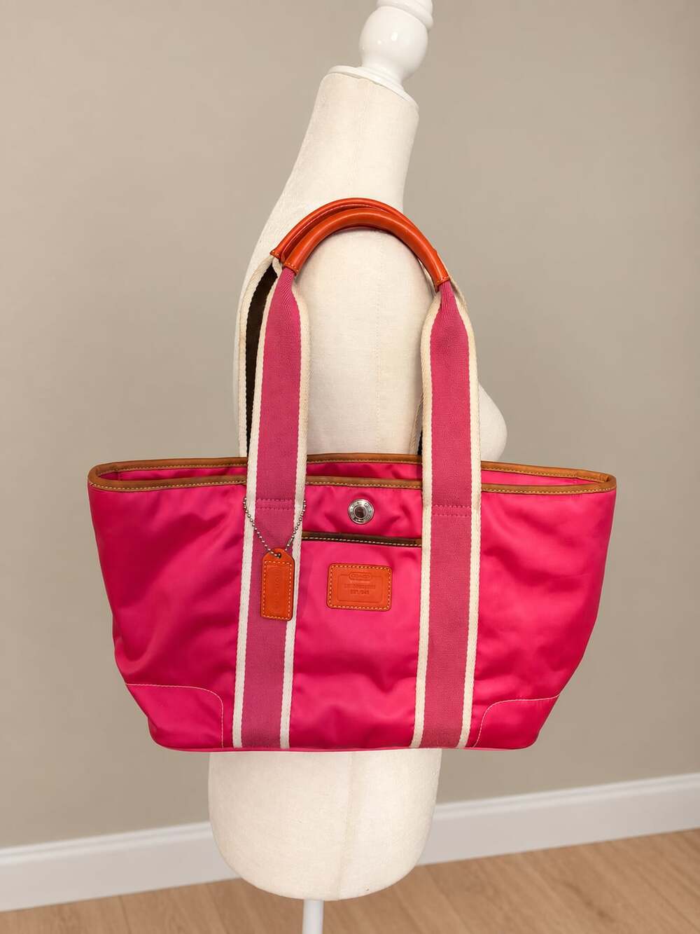 Coach Hampton Tote Bag Pink Canvas Leather Trim